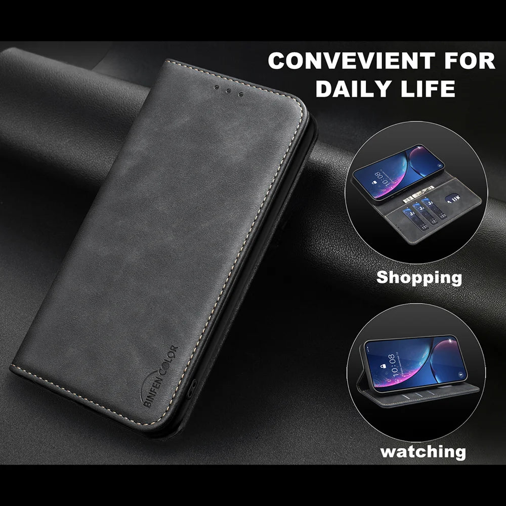 BINFEN COLOR for iPhone 13 Pro RFID Blocking Calf Texture PU Leather Phone Cover - Black - 6