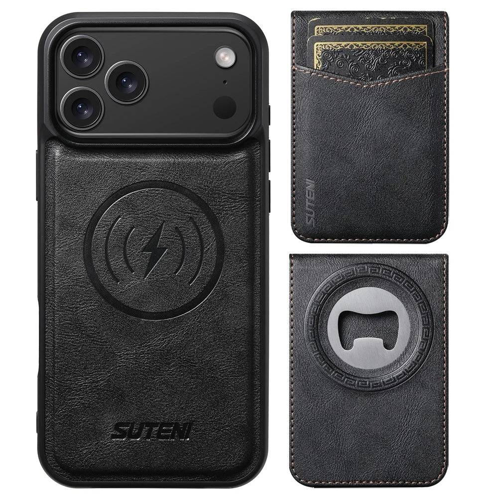 SUTENI for iPhone 17 Pro Max Magnetic Case Detachable Card Holder Bottle Opener RFID Blocking Phone Cover - Black - 1