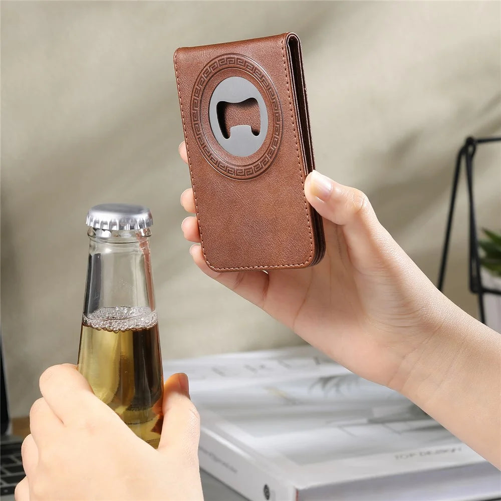 SUTENI G1S5 for iPhone 17 Pro Max Magnetic Case RFID Blocking Leather Back Cover with Detachable Card Holder Bottle Opener - Brown - 5