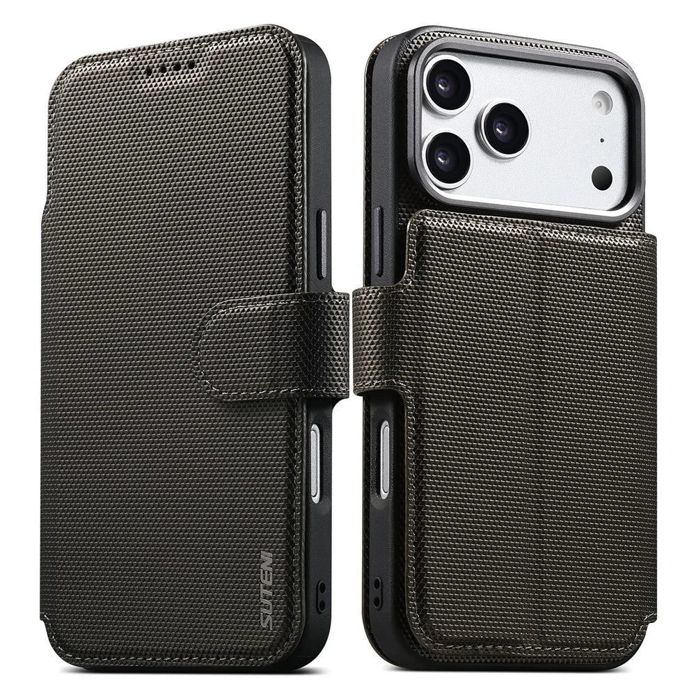 SUTENI Q09 for iPhone 17 Pro Leather Case Triangle Texture Wallet Folio Flip Phone Cover - Grey - 1