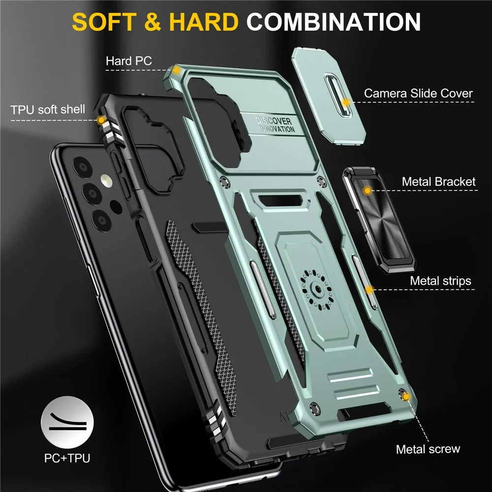 Armor Series for Samsung Galaxy A13 4G / 5G Slide Camera Protector Kickstand Phone Case PC + TPU Protective Cover - Green - 7