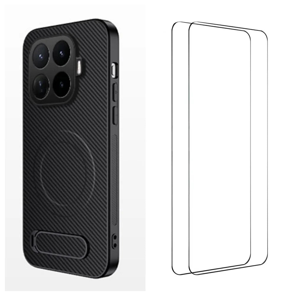 WANLONFENG for Xiaomi 17T QT1 Series Magnetic Case with 2Pcs Tempered Glass Films Kickstand Carbon Fiber Texture PC TPU Phone Cover - Black - 1