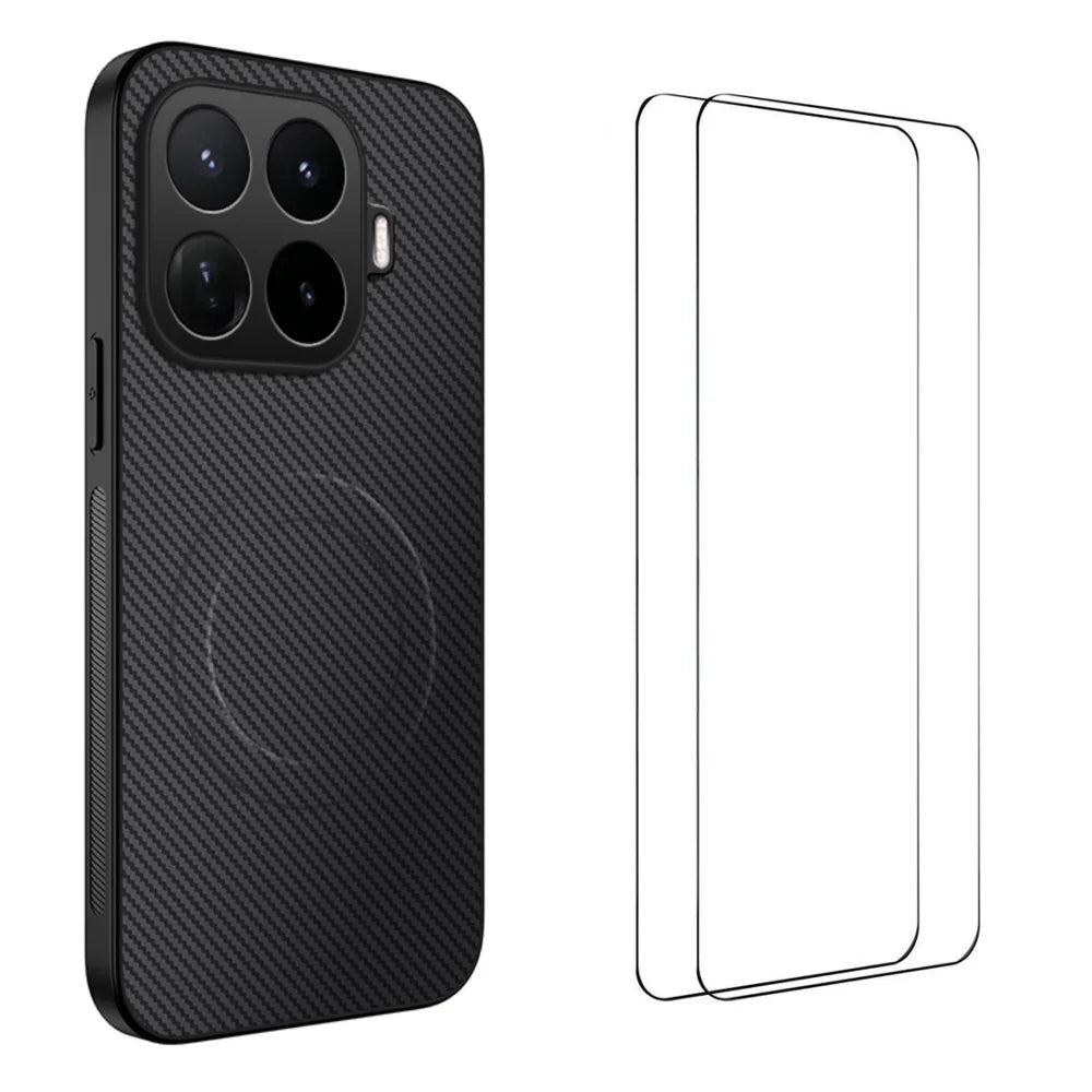 WANLONFENG for Xiaomi 17T Pro TQ1 Series Magnetic Case Carbon Fiber Texture PC TPU Phone Cover with 2Pcs Screen Films - Black - 1