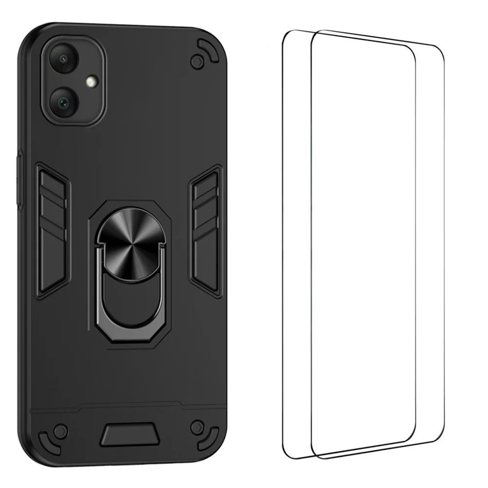 WANLONFENG for Samsung Galaxy A06 5G YS Series Case Kicktand Shockproof PC TPU Phone Cover with 2Pcs Tempered Glass Film - Black - 1