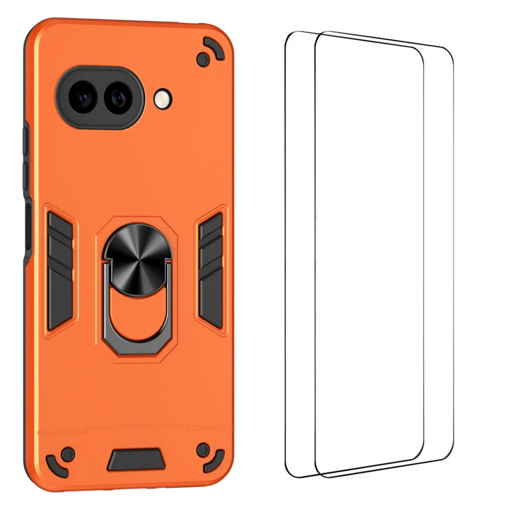 WANLONFENG for Google Pixel 10a YS Series Case Kicktand Shockproof PC TPU Phone Cover with 2Pcs Tempered Glass Film - Orange - 1