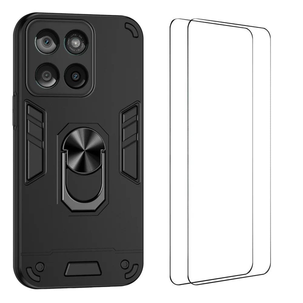 WANLONFENG for Motorola Edge 60 5G / Motorola Edge 60 Fusion 5G YS Series Case Kicktand Shockproof PC TPU Phone Cover with 2Pcs Tempered Glass Film - Black - 1