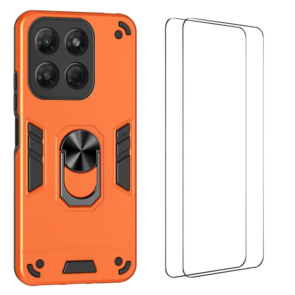 WANLONFENG for Motorola Moto G47 5G / Motorola Moto G37 5G YS Series Case Kicktand Shockproof PC TPU Phone Cover with 2Pcs Tempered Glass Film - Orange - 1