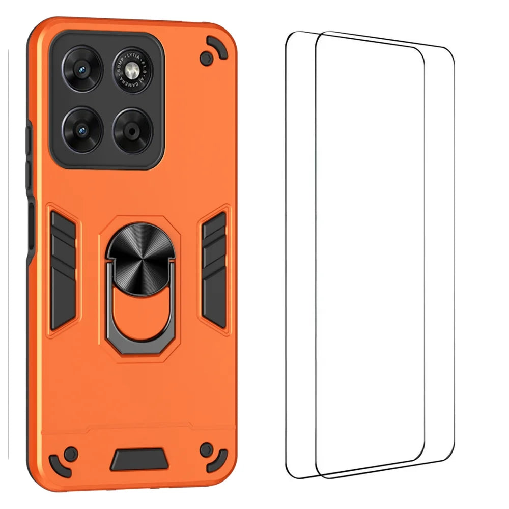 WANLONFENG for Motorola Moto G67 5G / Motorola Moto G87 5G / Motorola Moto G77 5G YS Series Case Kicktand Shockproof PC TPU Phone Cover with 2Pcs Tempered Glass Film - Orange - 1