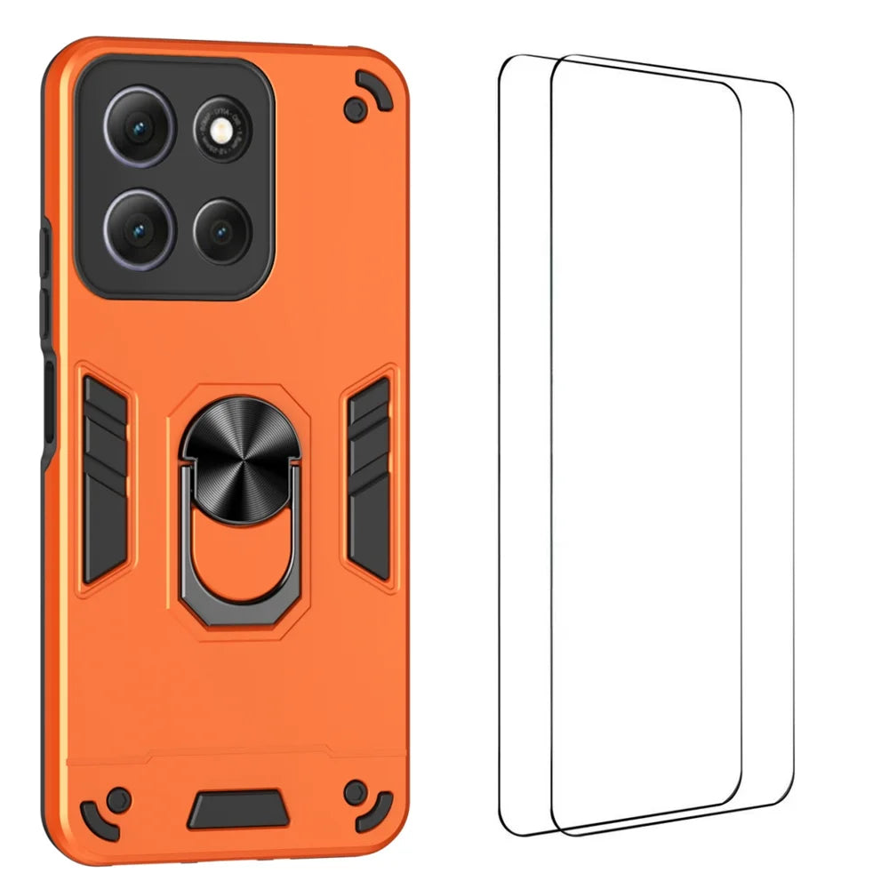 WANLONFENG for Motorola Moto G86 Power 5G YS Series Case Kicktand Shockproof PC TPU Phone Cover with 2Pcs Tempered Glass Film - Orange - 1