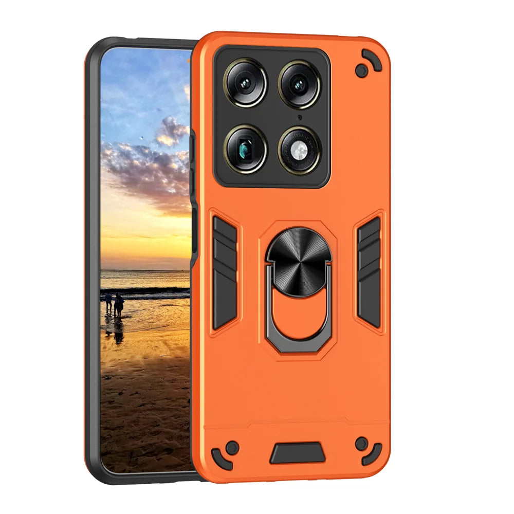 WANLONFENG for Motorola Signature 5G YS Series Case Kicktand Shockproof PC TPU Phone Cover with 2Pcs Tempered Glass Film - Orange - 2