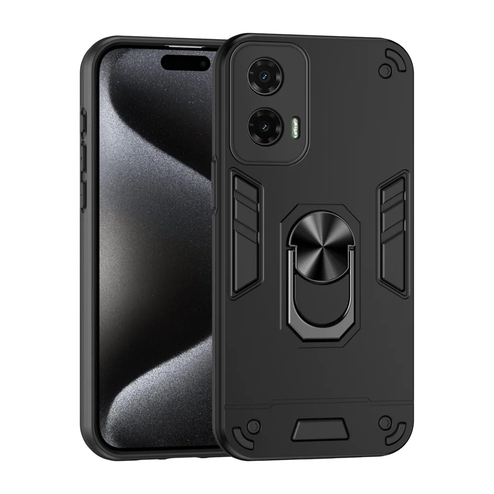 WANLONFENG for Motorola Moto G35 5G YS Series Case Kicktand Shockproof PC TPU Phone Cover with 2Pcs Tempered Glass Film - Black - 2