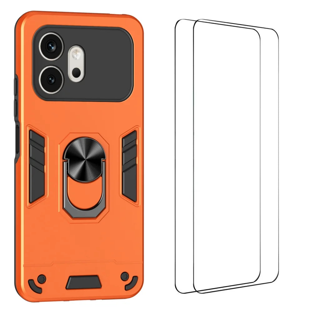 WANLONFENG for Honor 600 5G YS Series Case Kicktand Shockproof PC TPU Phone Cover with 2Pcs Tempered Glass Film - Orange - 1
