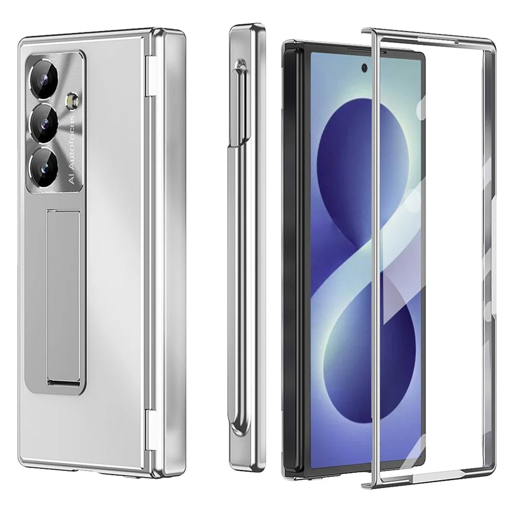 For Samsung Galaxy Z Fold8 Ultra Case Kickstand Dual Hinge Aluminum Alloy Phone Cover with Tempered Glass Front Film / Stylus - Silver - 1