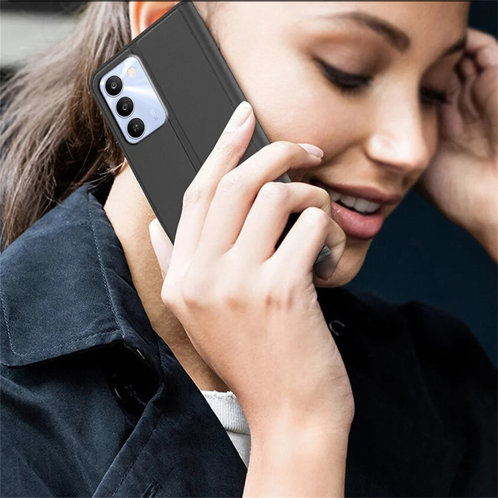 For Realme C100 4G Case PU Leather Phone Cover with Card Holder Stand - Black - 7