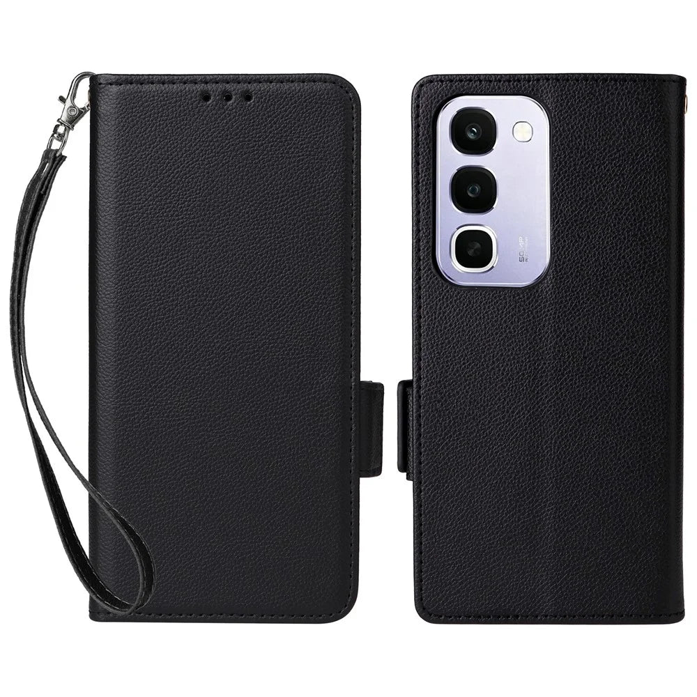Case for Realme C100 4G / C100i 4G / C100x 4G Litchi Texture Wallet Leather Phone Cover with Wrist Strap - Black - 1