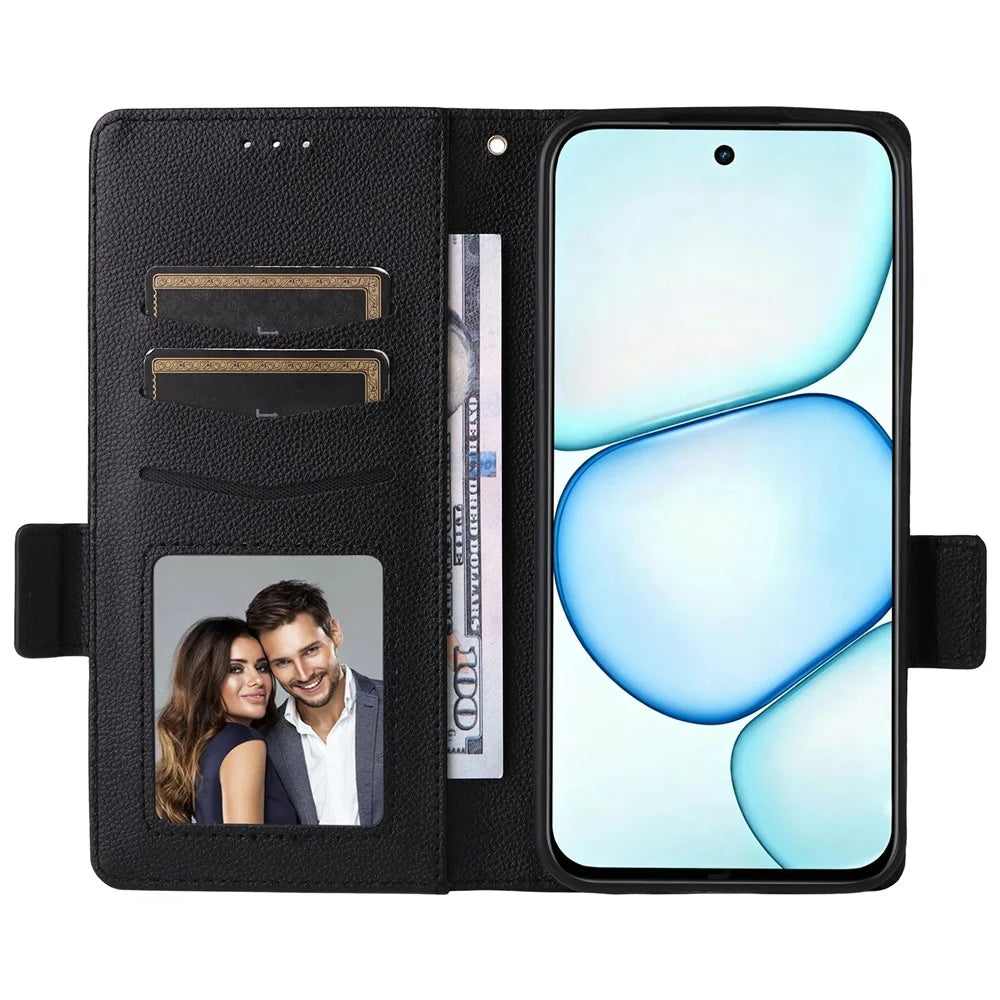 Case for Realme C100 4G / C100i 4G / C100x 4G Litchi Texture Wallet Leather Phone Cover with Wrist Strap - Black - 2