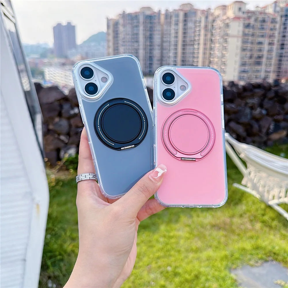 For iPhone 17 Case Rotating Ring Holder Kickstand TPU + Acrylic Shockproof Phone Cover - Pink - 2