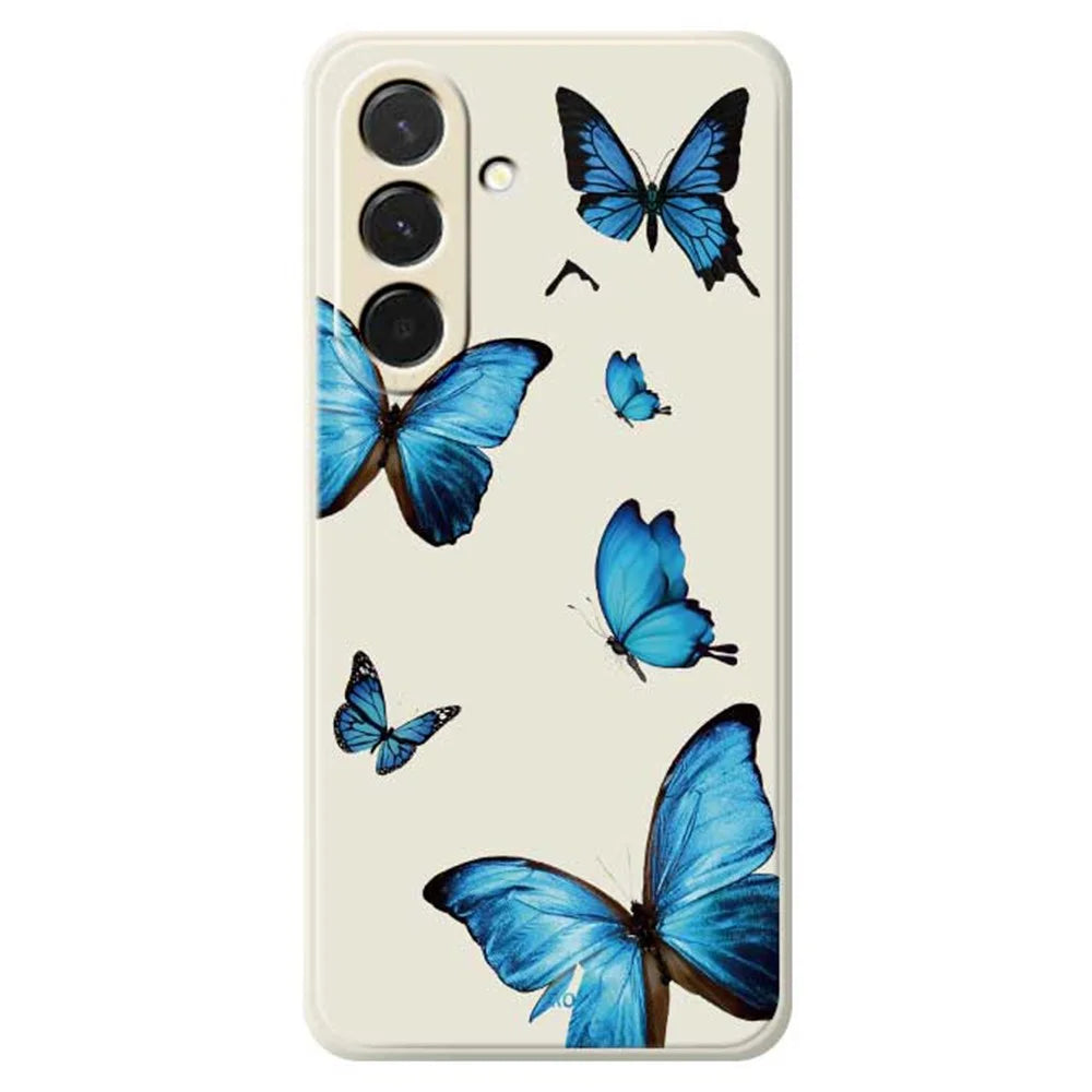 For Samsung Galaxy A57 5G Case Blue Butterflies Pattern Printing Straight Edge TPU Phone Back Cover - Beige - 1