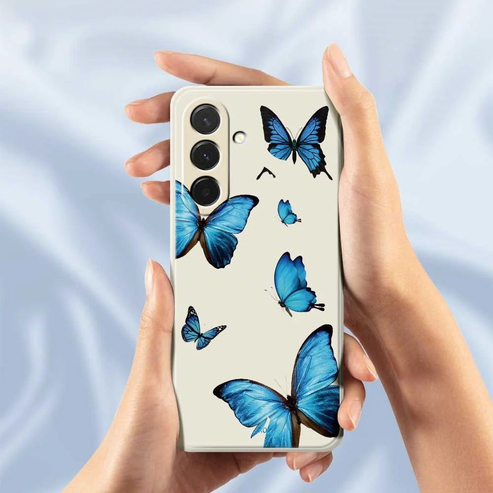 For Samsung Galaxy A57 5G Case Blue Butterflies Pattern Printing Straight Edge TPU Phone Back Cover - Beige - 6
