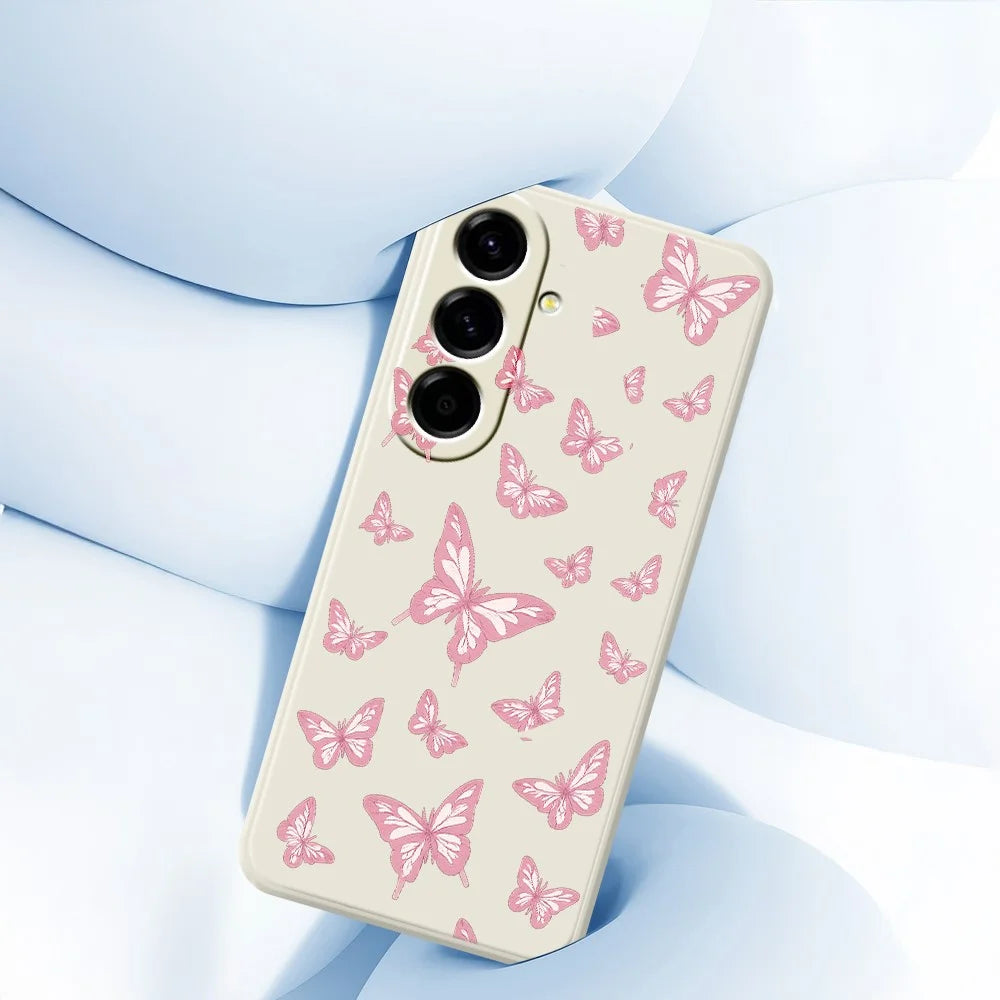 For Samsung Galaxy A27 5G Case Pink Butterflies Pattern Printing Straight Edge TPU Phone Back Cover - Beige - 5