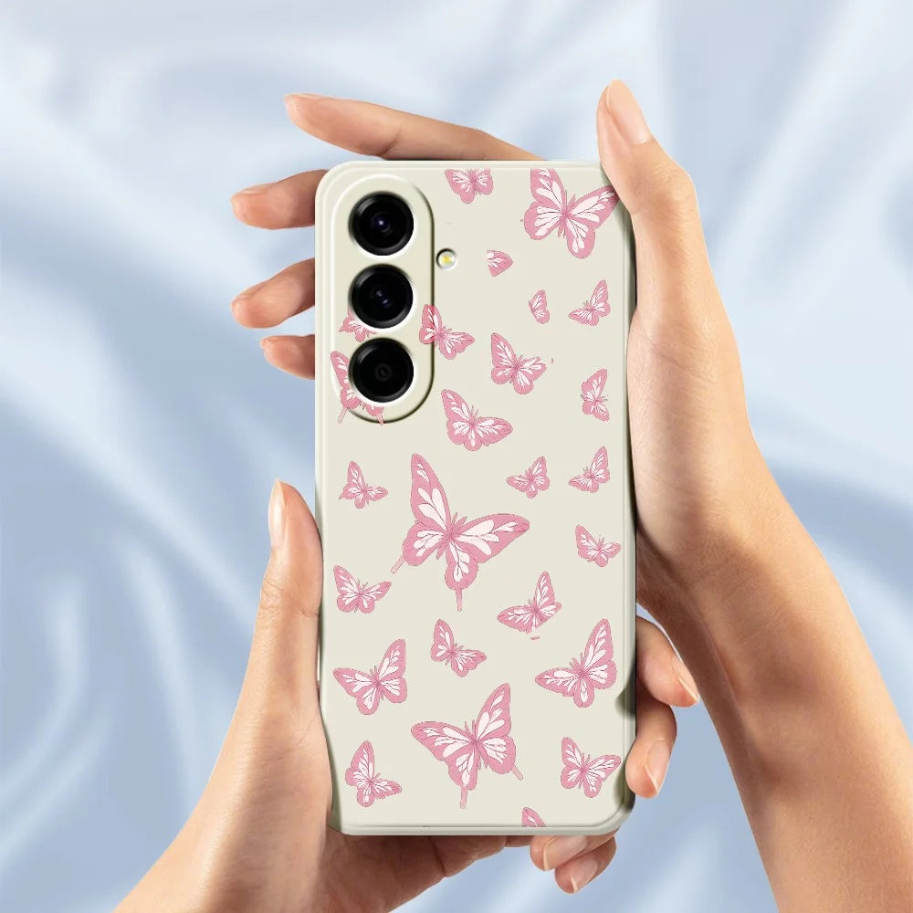For Samsung Galaxy A27 5G Case Pink Butterflies Pattern Printing Straight Edge TPU Phone Back Cover - Beige - 6