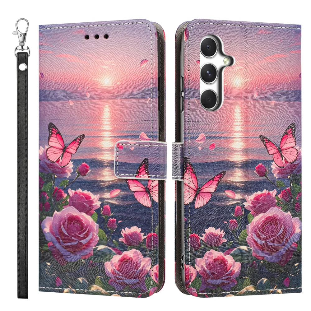 For Samsung Galaxy S26 FE Case Pattern Printing PU Leather Flip Wallet Phone Cover with Wrist Strap - Rose Butterfly - 1