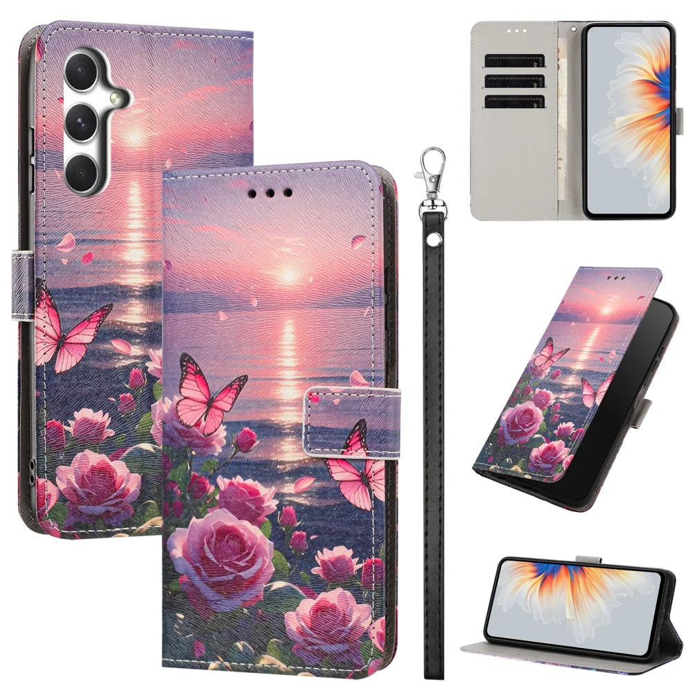 For Samsung Galaxy S26 FE Case Pattern Printing PU Leather Flip Wallet Phone Cover with Wrist Strap - Rose Butterfly - 2