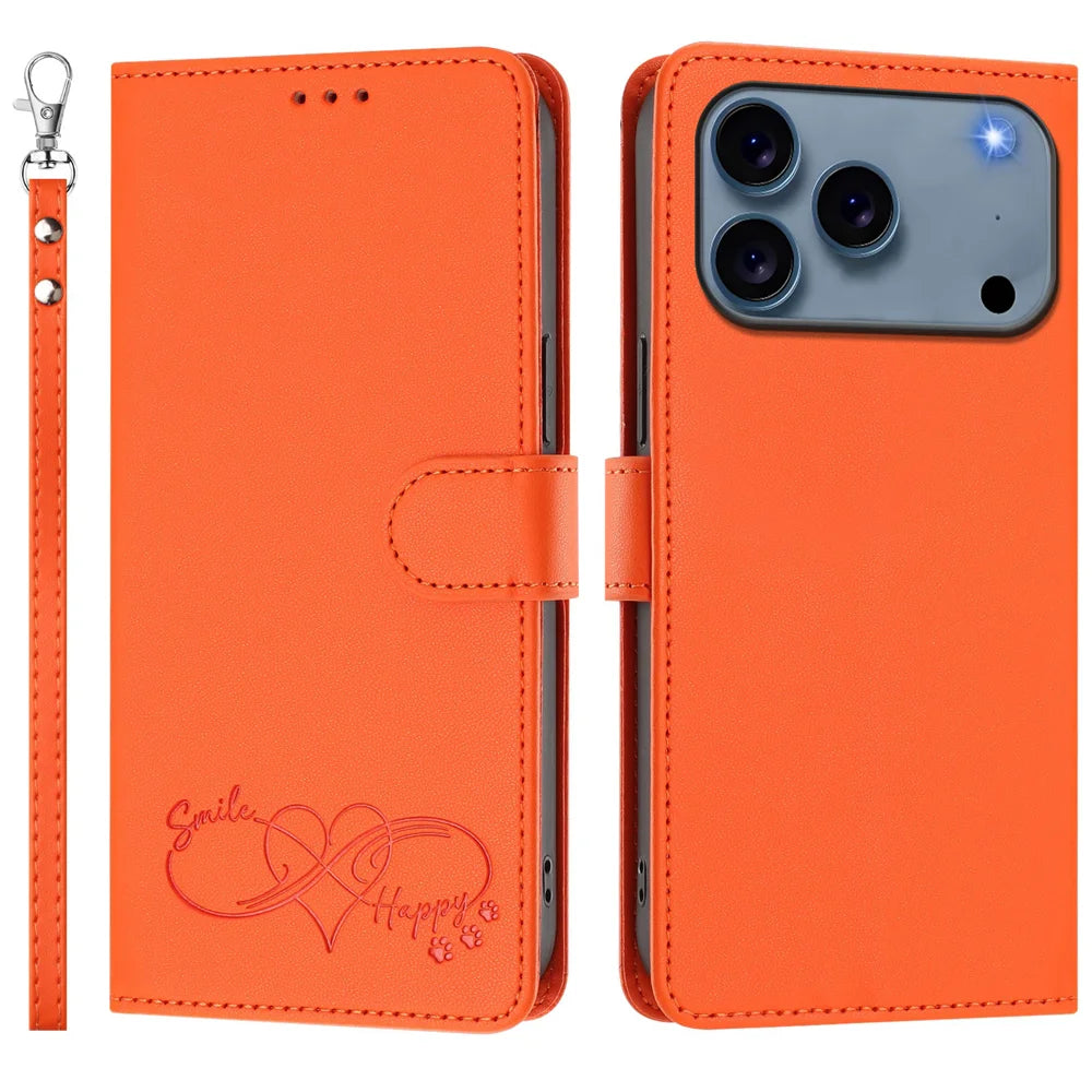 For iPhone 18 Pro Max / 17 Pro Max Case PU Leather Heart Pattern Wallet Flip Phone Cover with Hand Strap - Orange - 1