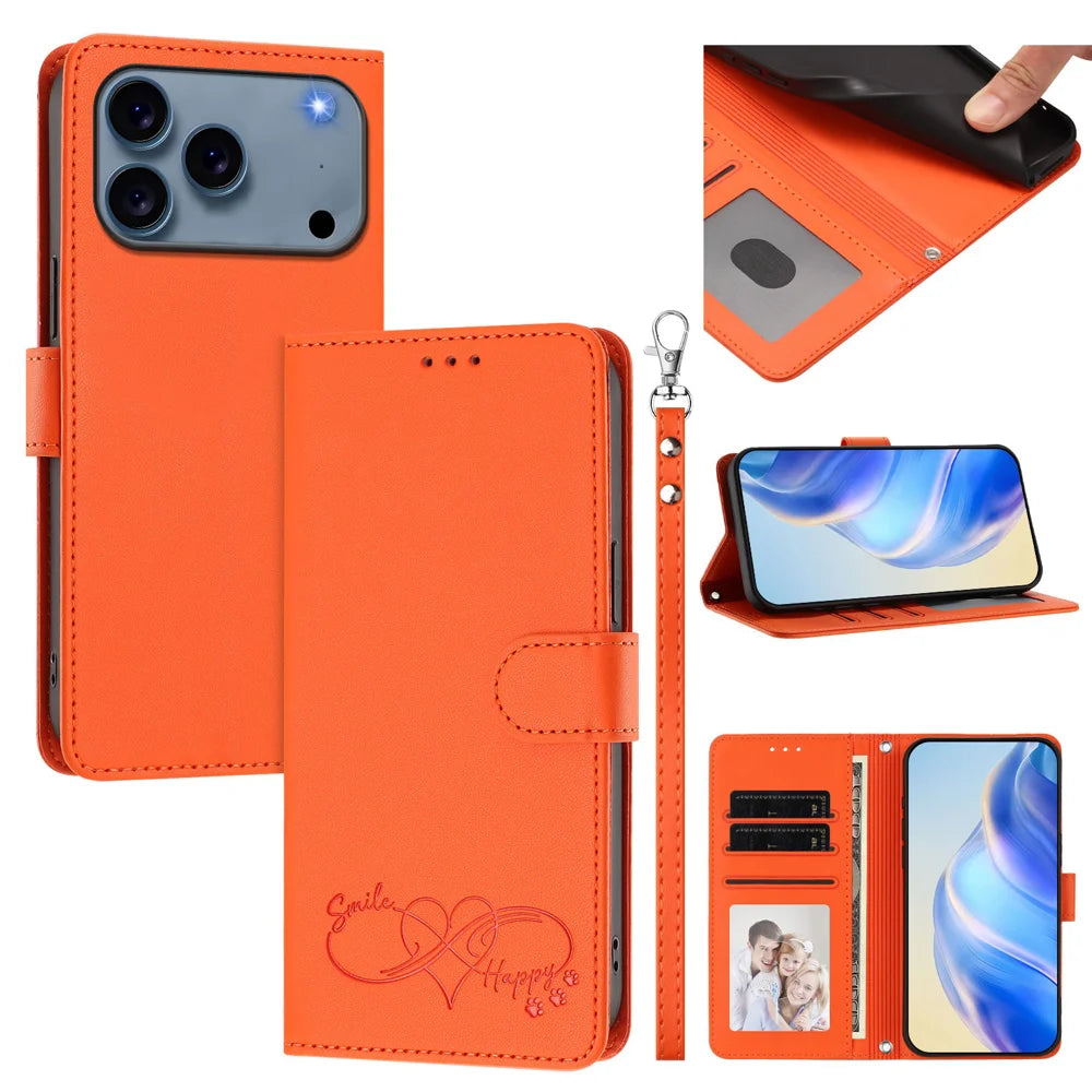 For iPhone 18 Pro Max / 17 Pro Max Case PU Leather Heart Pattern Wallet Flip Phone Cover with Hand Strap - Orange - 2