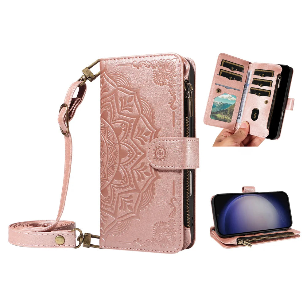 For Samsung Galaxy S24 / Galaxy S25 Wallet Case 9 Card Slots RFID Blocking Mandala Embossed Leather Flip Cover with Wrist Strap - Rose Gold - 2