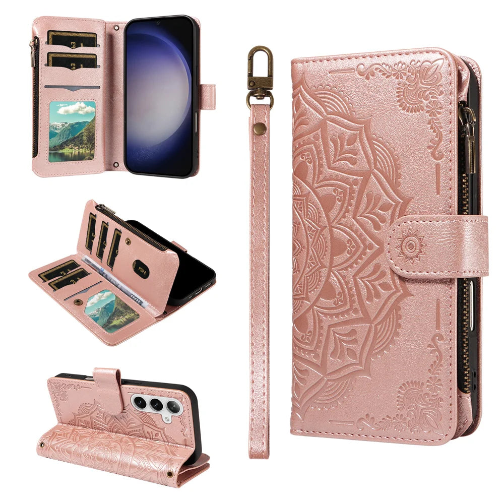 For Samsung Galaxy S24 / Galaxy S25 Wallet Case 9 Card Slots RFID Blocking Mandala Embossed Leather Flip Cover with Wrist Strap - Rose Gold - 3