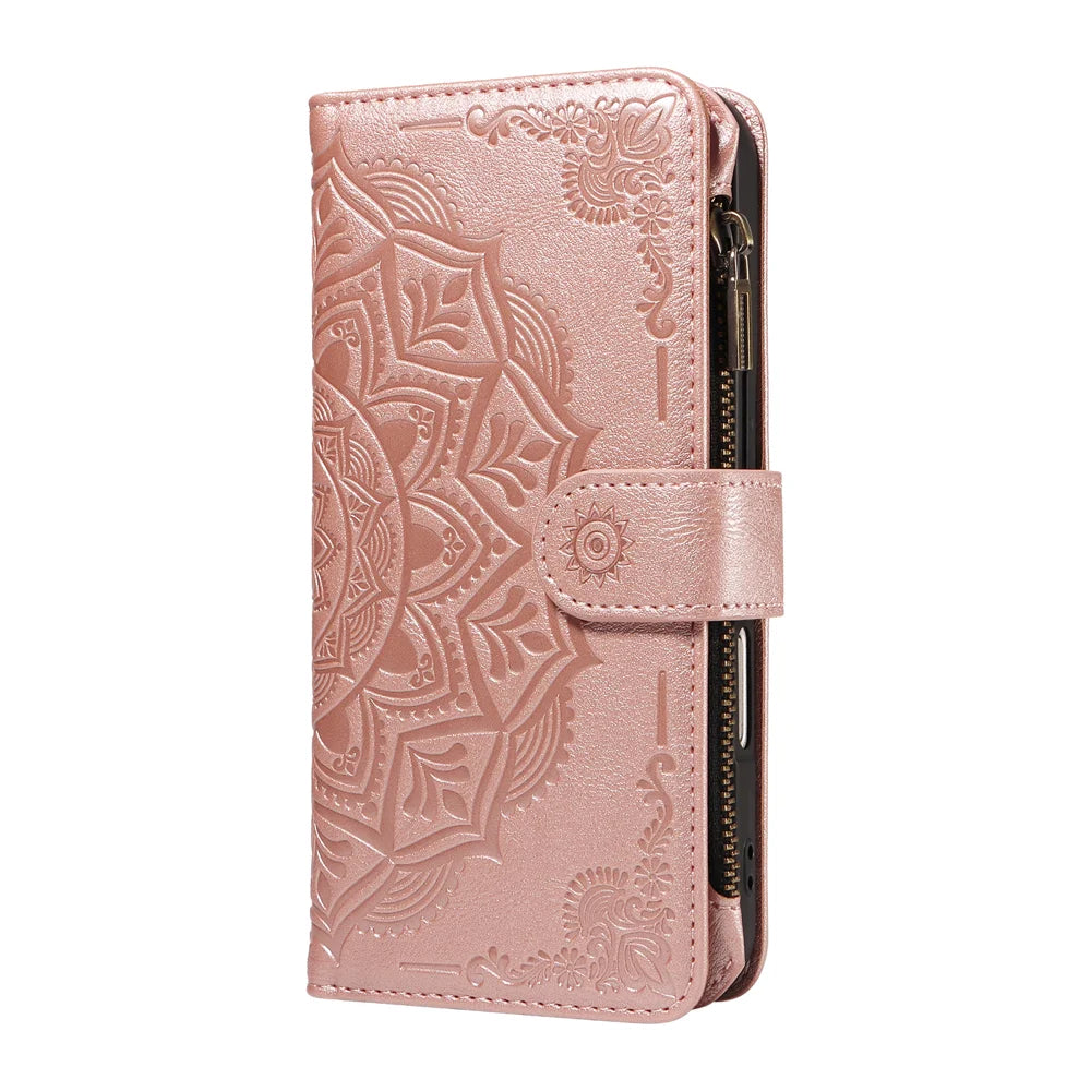 For Samsung Galaxy S24 / Galaxy S25 Wallet Case 9 Card Slots RFID Blocking Mandala Embossed Leather Flip Cover with Wrist Strap - Rose Gold - 5