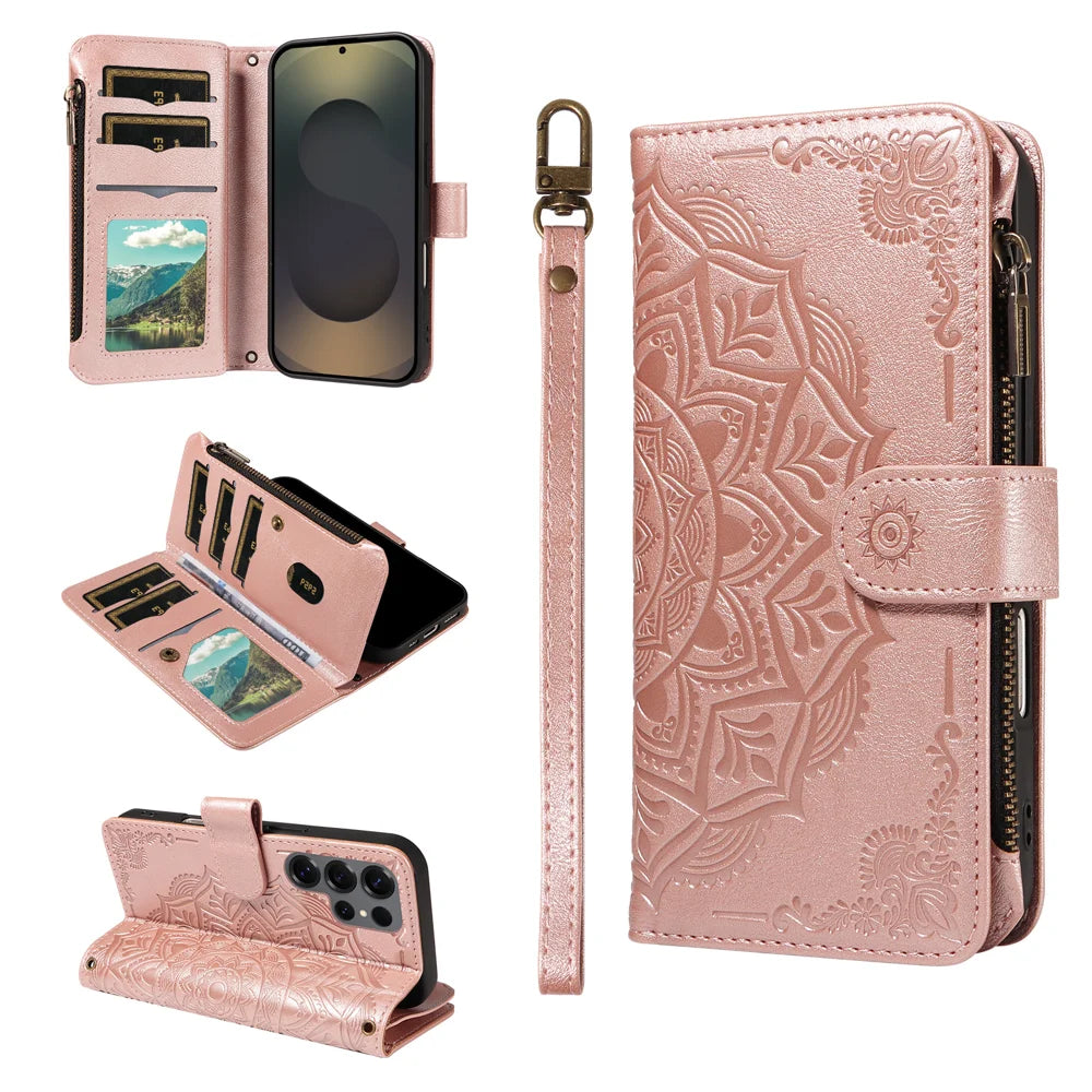 For Samsung Galaxy S25 Ultra Wallet Case 9 Card Slots RFID Blocking Mandala Embossed Leather Flip Cover with Wrist Strap - Rose Gold - 3