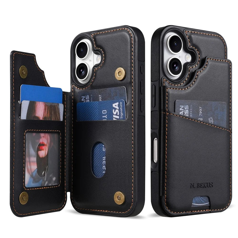 N.BEKUS P4  for iPhone 17 Case Magnetic Buttons Leather + TPU Phone Cover with Card Holder Kickstand - Black - 1