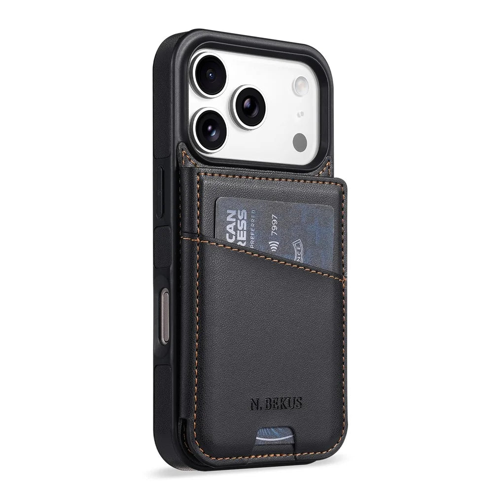N.BEKUS P4 for iPhone 18 Pro / 17 Pro Case Magnetic Buttons Leather + TPU Phone Cover with Card Holder Kickstand - Black - 2