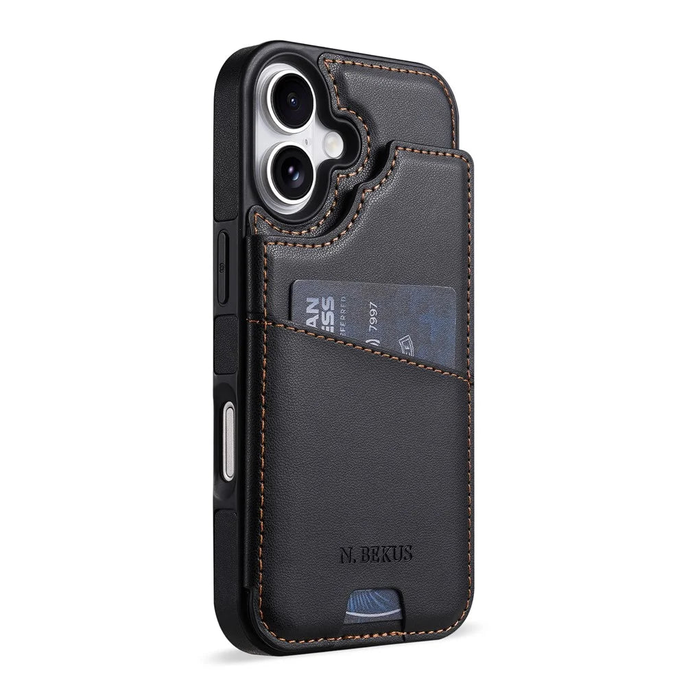 N.BEKUS P4 for iPhone 16 Case Magnetic Buttons Leather + TPU Phone Cover with Card Holder Kickstand - Black - 2