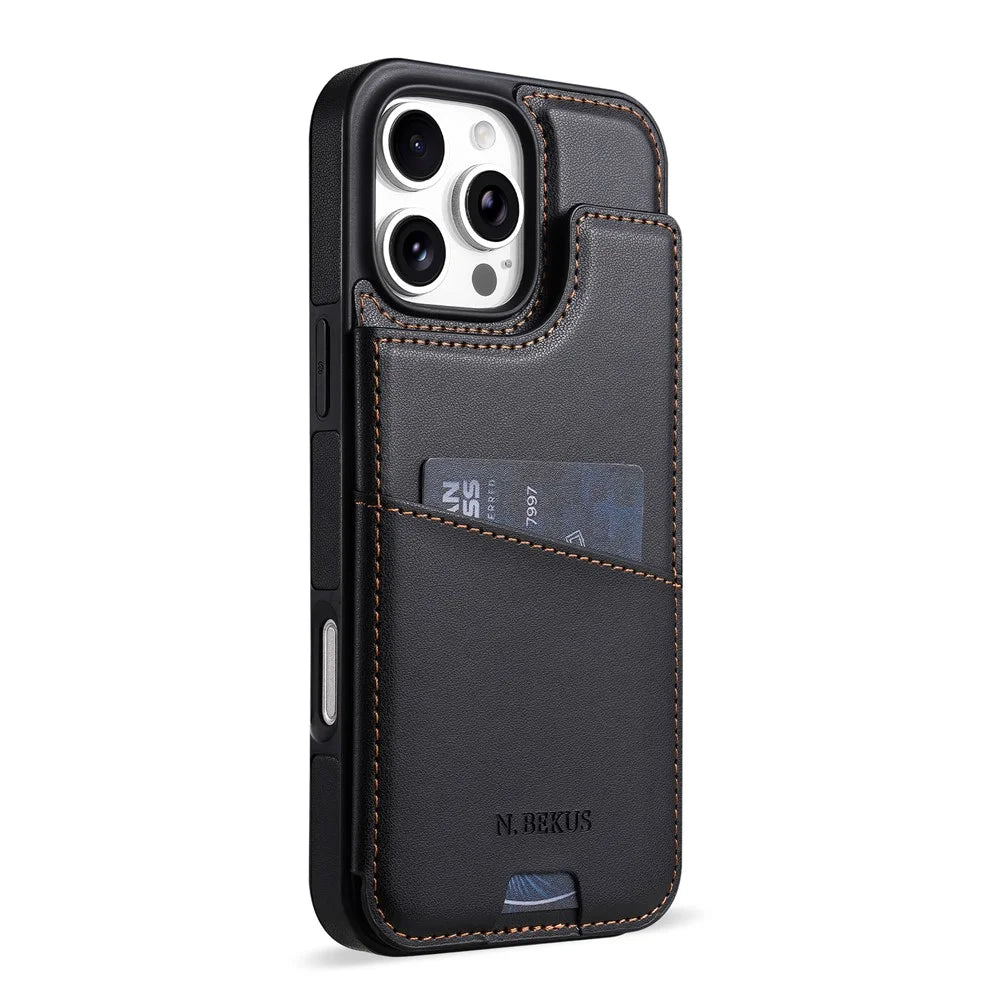 N.BEKUS P4 for iPhone 16 Pro Case Magnetic Buttons Leather + TPU Phone Cover with Card Holder Kickstand - Black - 2