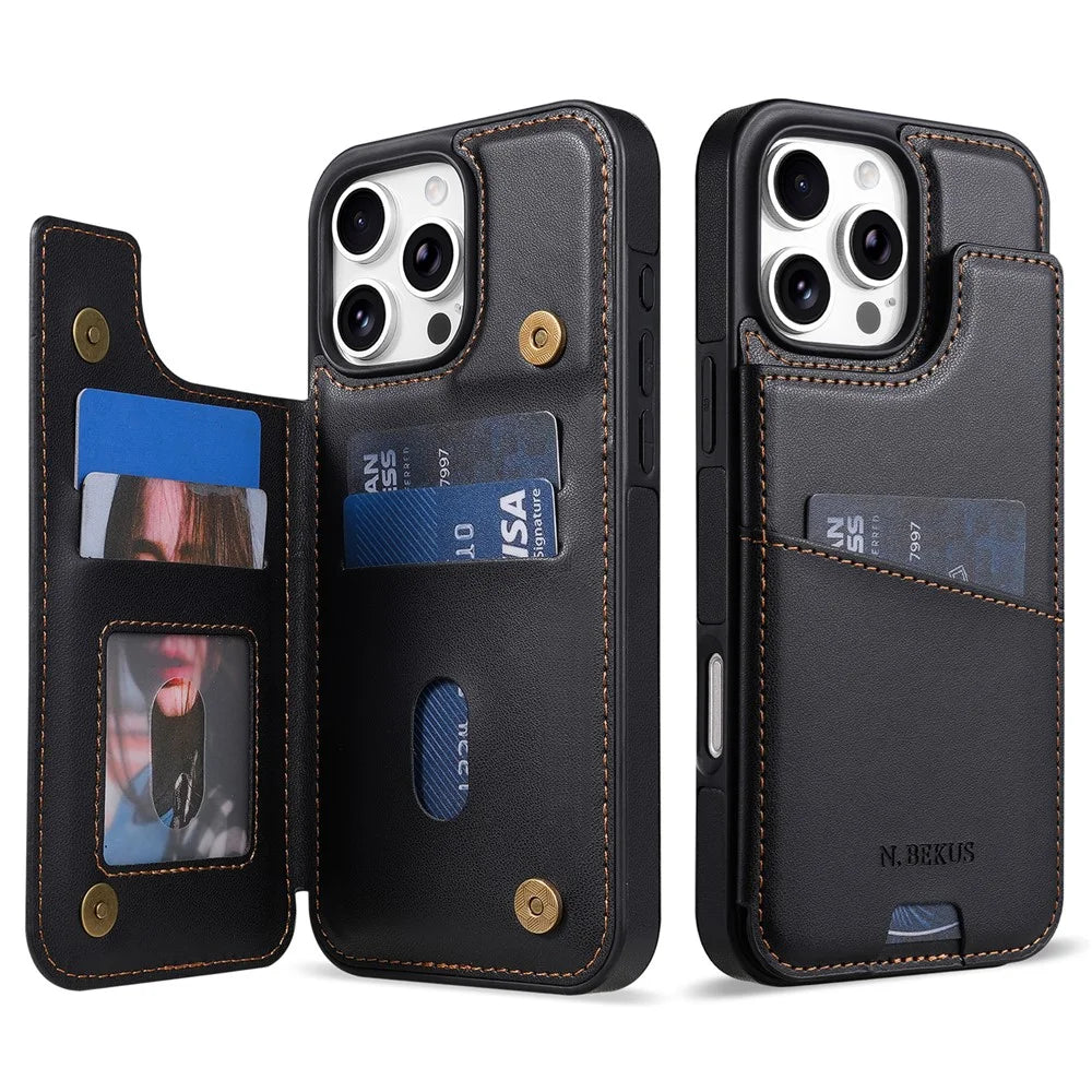 N.BEKUS P4  for iPhone 16 Pro Max Case Magnetic Buttons Leather + TPU Phone Cover with Card Holder Kickstand - Black - 1