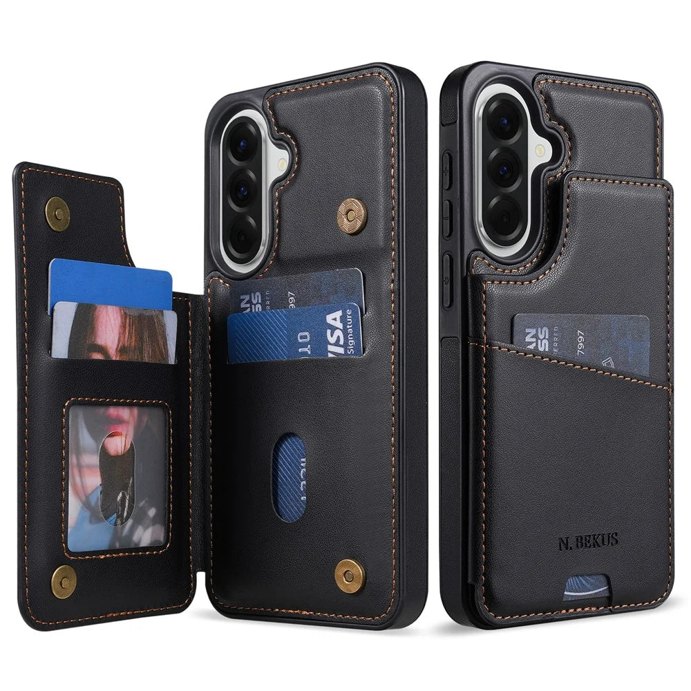 N.BEKUS P4  for Samsung Galaxy S26 Case Magnetic Buttons Leather + TPU Phone Cover with Card Holder Kickstand - Black - 1