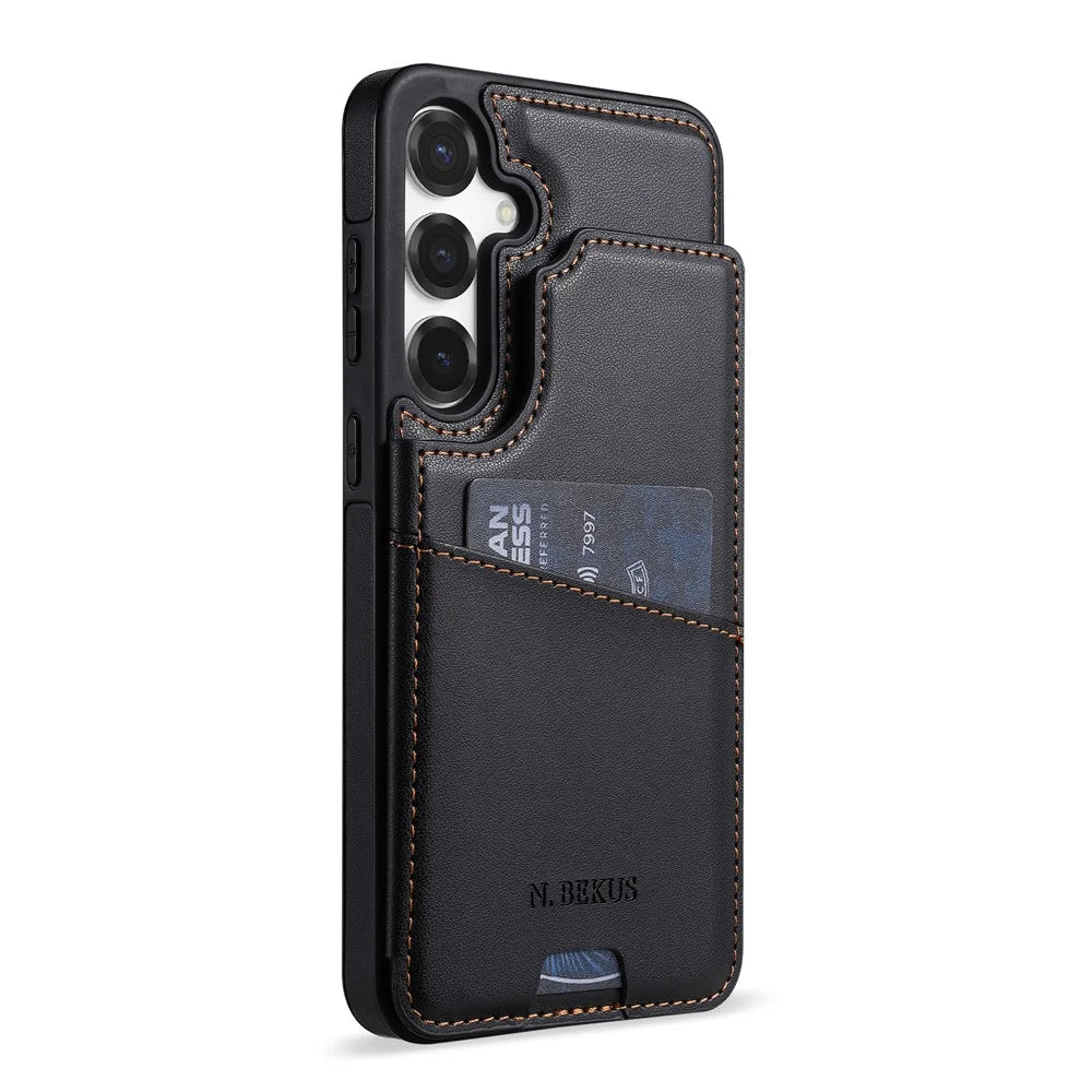 N.BEKUS P4  for Samsung Galaxy S25 Case Magnetic Buttons Leather + TPU Phone Cover with Card Holder Kickstand - Black - 2