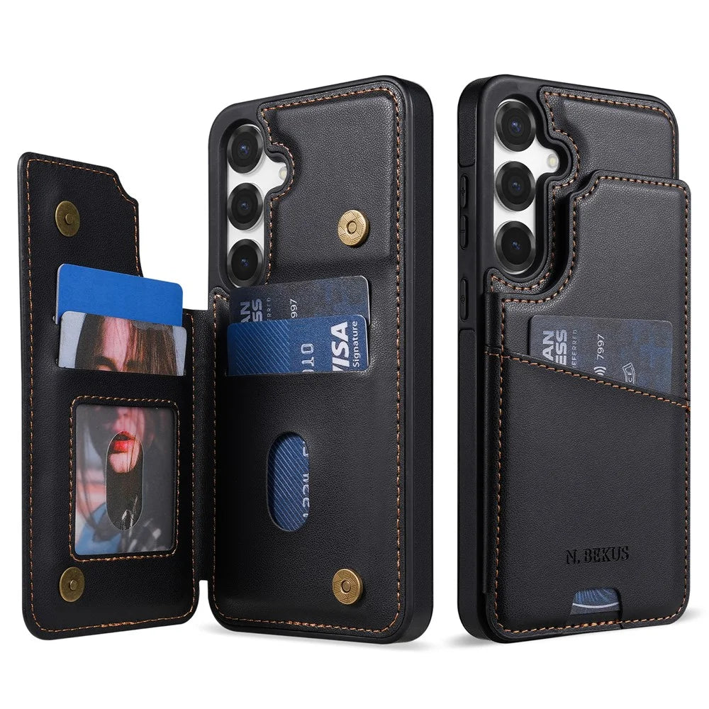 N.BEKUS P4  for Samsung Galaxy S25+ Case Magnetic Buttons Leather + TPU Phone Cover with Card Holder Kickstand - Black - 1