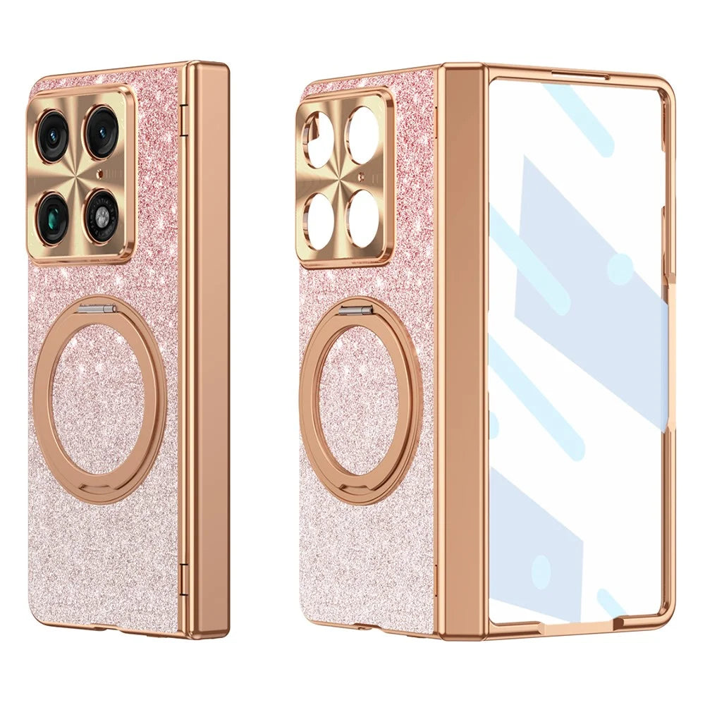 For Motorola Razr Fold 5G Magnetic Case Rotating Kickstand Glitter PU Leather + PC Phone Cover with Screen Protector - Pink - 1