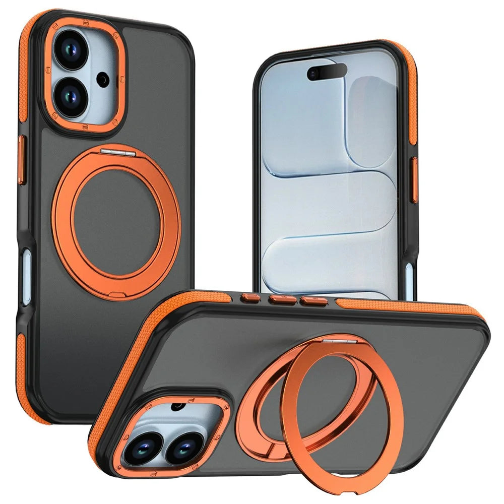 For iPhone 17 Magnetic Case Double Color Rotating Ring Kickstand PC + TPU Phone Cover - Orange - 1