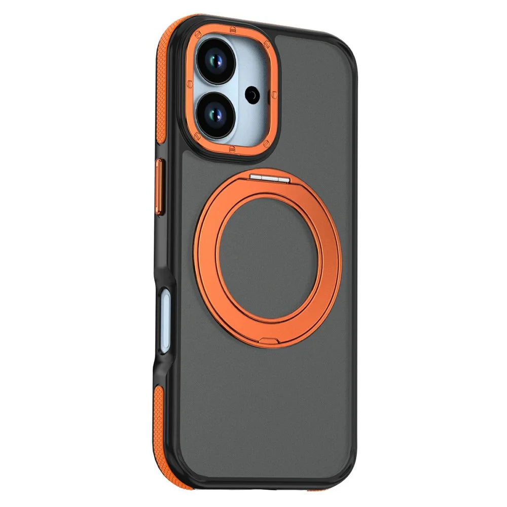 For iPhone 17 Magnetic Case Double Color Rotating Ring Kickstand PC + TPU Phone Cover - Orange - 2