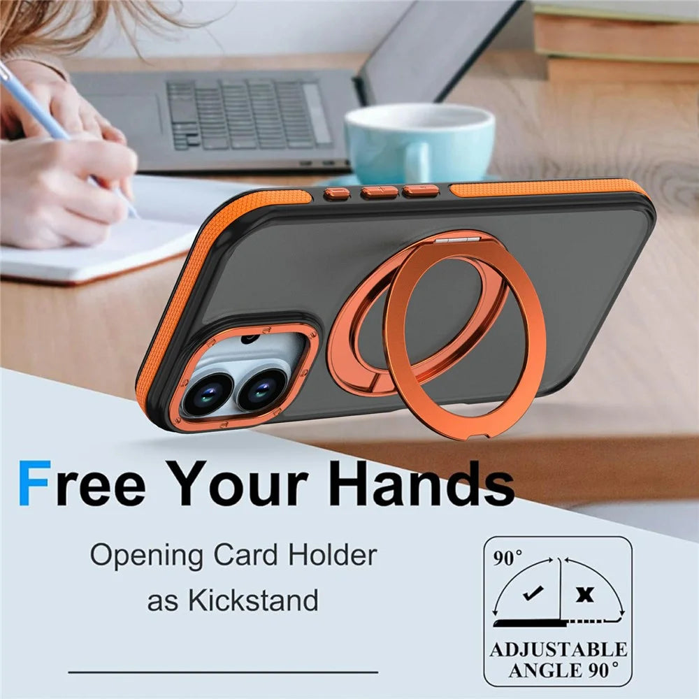 For iPhone 17 Magnetic Case Double Color Rotating Ring Kickstand PC + TPU Phone Cover - Orange - 3
