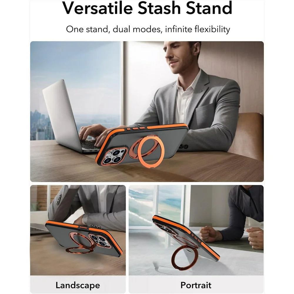 For iPhone 14 Pro Magnetic Case Double Color Rotating Ring Kickstand PC + TPU Phone Cover - Orange - 4