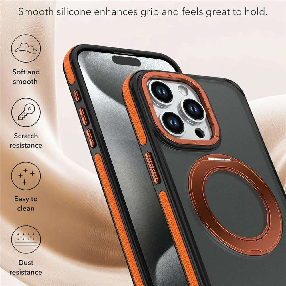 For iPhone 14 Pro Magnetic Case Double Color Rotating Ring Kickstand PC + TPU Phone Cover - Orange - 5