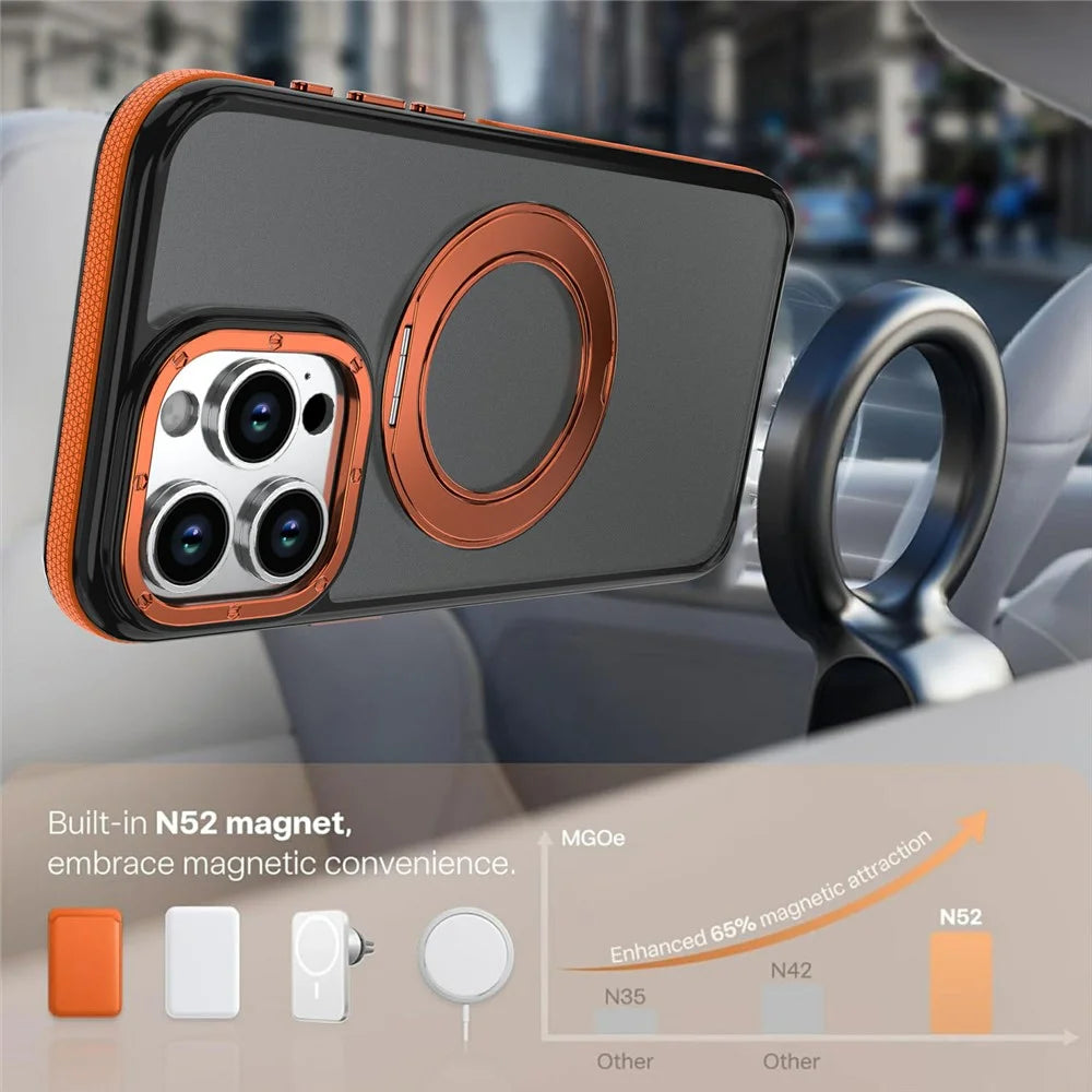 For iPhone 14 Pro Magnetic Case Double Color Rotating Ring Kickstand PC + TPU Phone Cover - Orange - 6