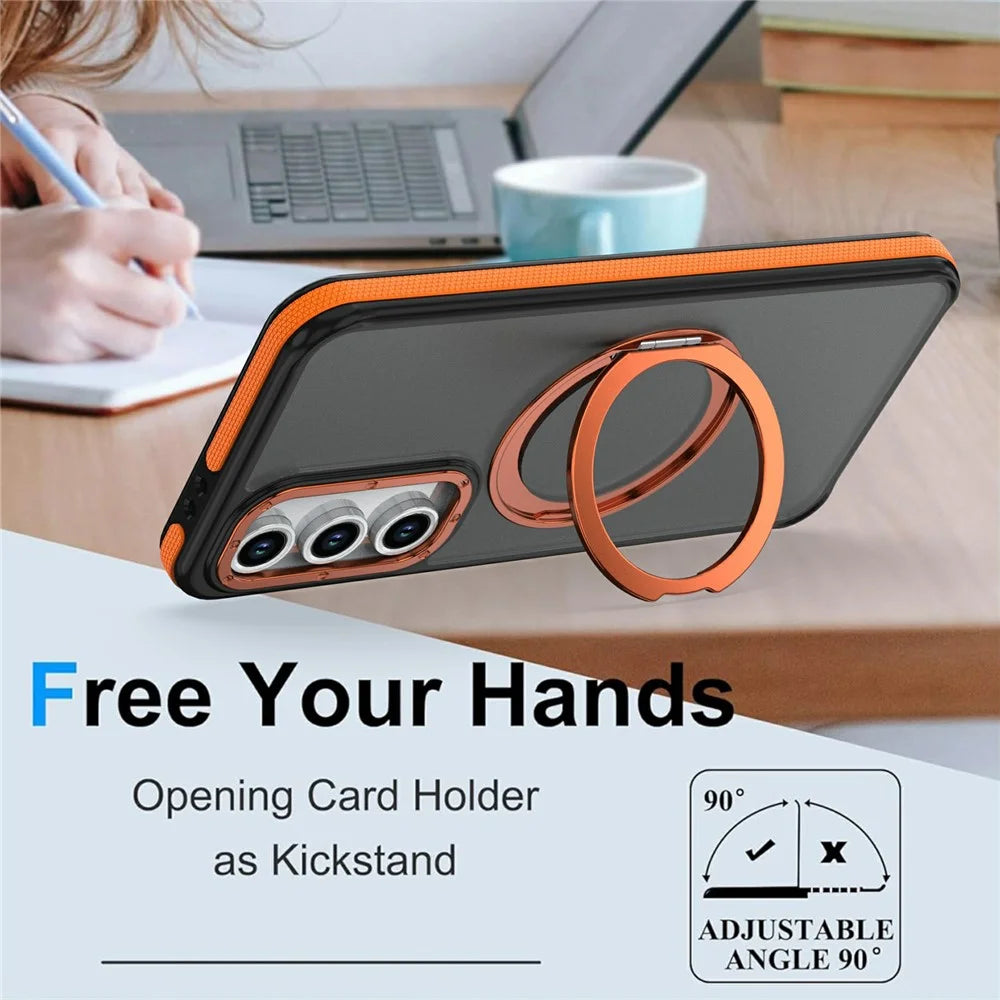 For Samsung Galaxy S23 FE Magnetic Case Double Color Rotating Ring Kickstand PC + TPU Phone Cover - Orange - 3