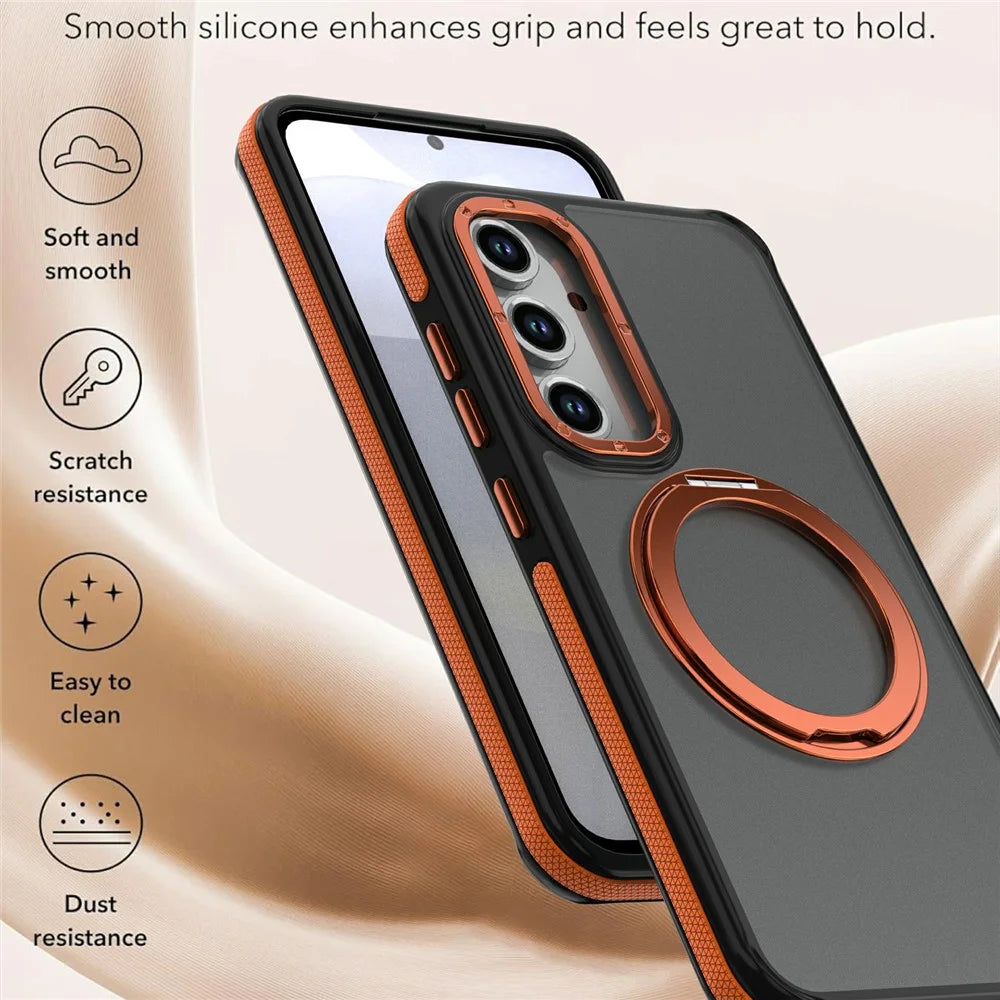For Samsung Galaxy S23 FE Magnetic Case Double Color Rotating Ring Kickstand PC + TPU Phone Cover - Orange - 5